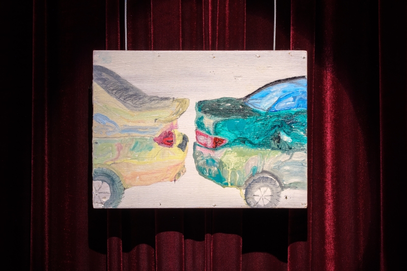 廖苡辰個展「生性溫柔的狗」作品：《安全距離》，油畫顏料、木板，28×20.5 cm，2022